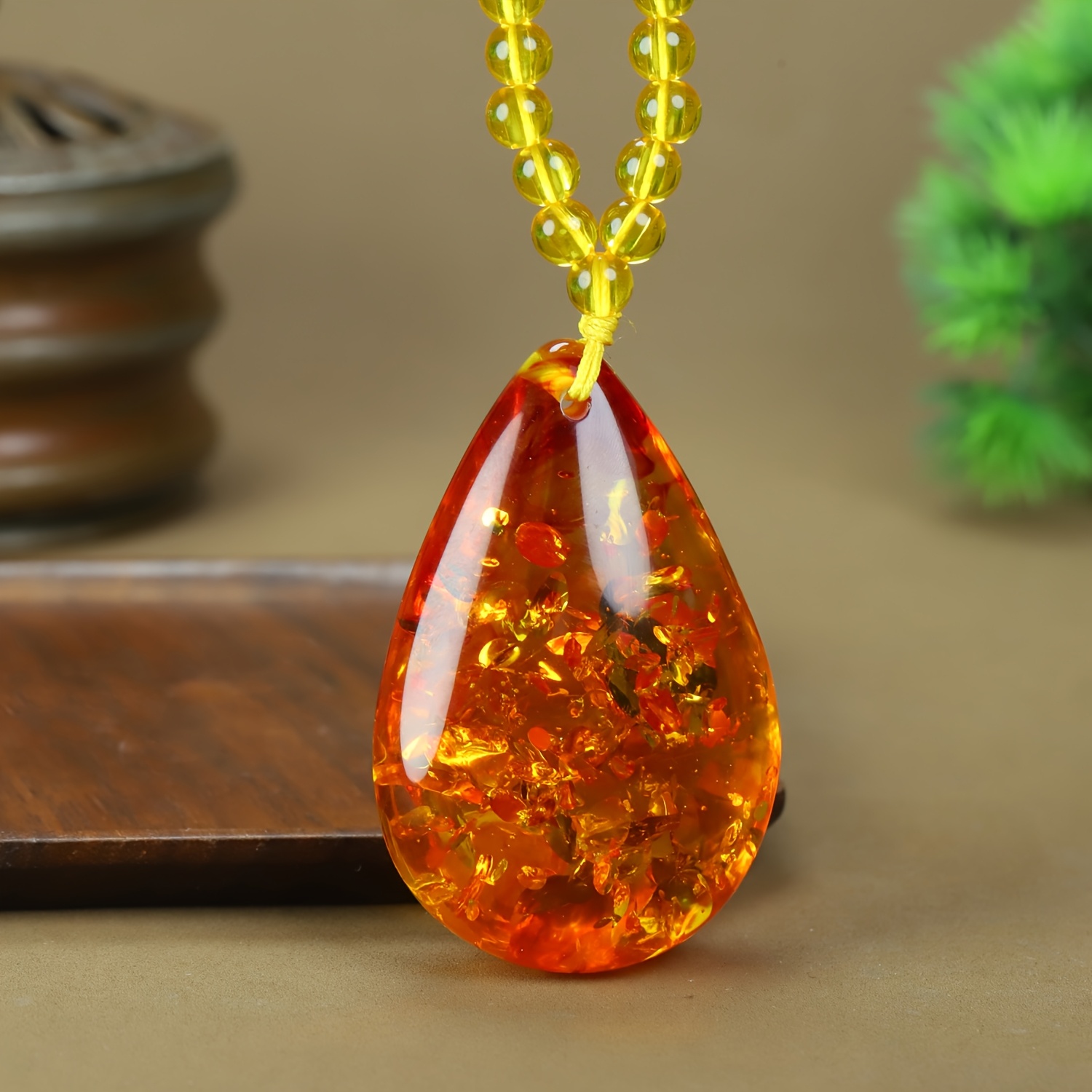 Unisex Yellow Amber Flower Drop Pendant Necklace, Elegant